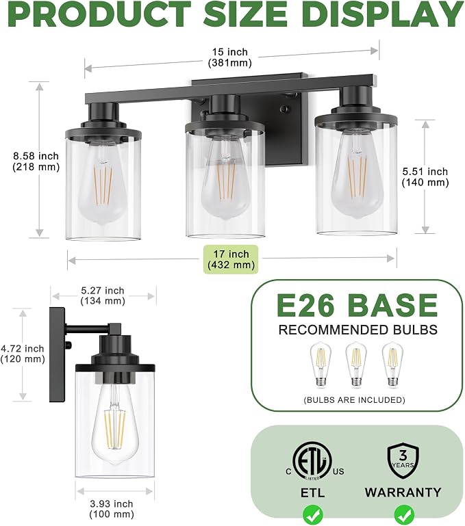 DORESshop 17 Inch Bathroom Light Fixtures, 3-Light Black Bathroom Lighting - Image 4