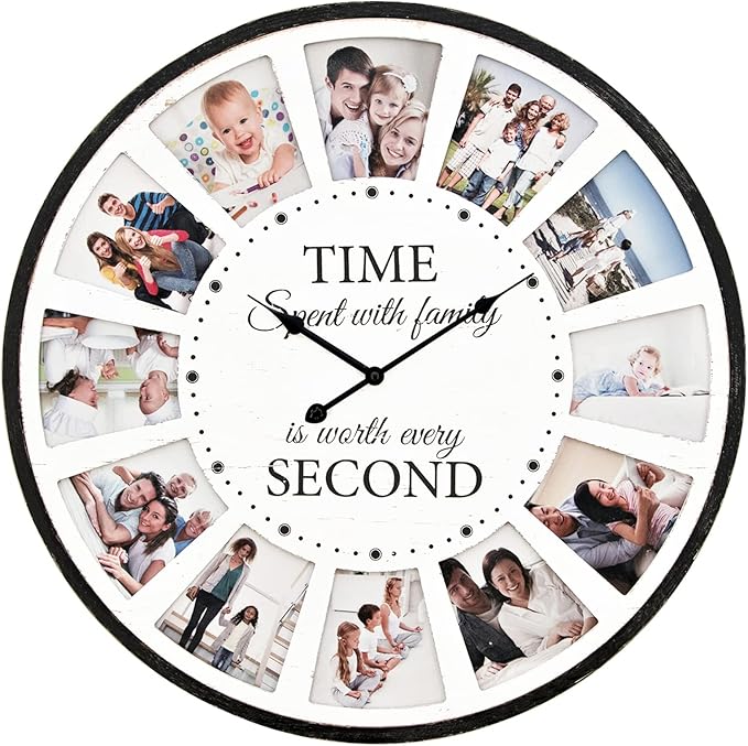 12 Photo Collage Family Wood Wall Clock, Rustic Farmhouse Wall Clock, Large by JUMBOHUMBLE