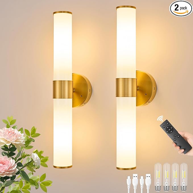 Morauroral Gold Battery Operated Wall Sconces Set of 2, Rechargeable Wall Lights by Morauroral