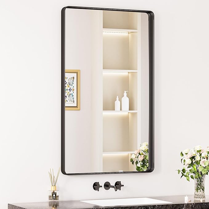 Keonjinn Black Vanity Mirror, 40 x 24 Inch Rounded Rectangle Matte Black by Keonjinn
