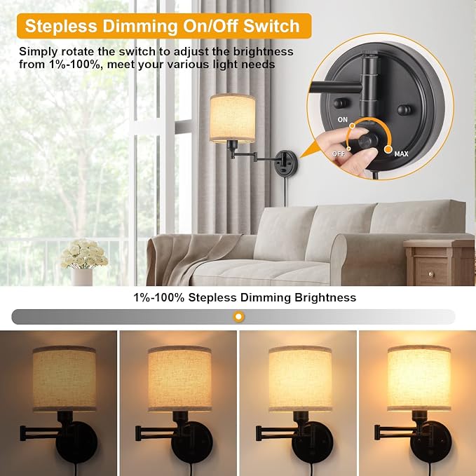 GOODATE ENCOMLI Dimmable Plug in Wall Sconces, Swing Arm Wall Lamp, Wall - Image 4
