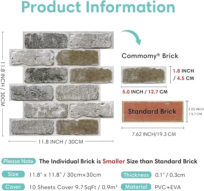 Commomy 10 Pcs 3D Faux Brick Peel and Stick -11.8"X11.8" Small Size Thin PVC - Image 5