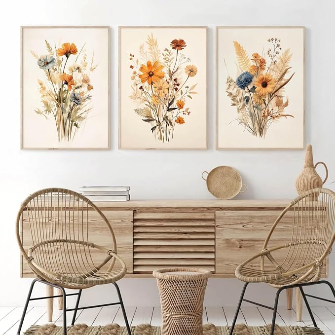 Botanical Floral Wall Art Set of 3 Vintage Wildflower Canvas Wall Decor - Image 5