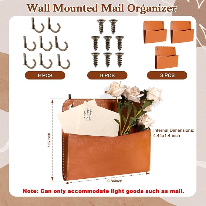 3 Pcs PU Leather Mail Holder Wall Mount Brown PU Leather Letter Holder Vintage - Image 2