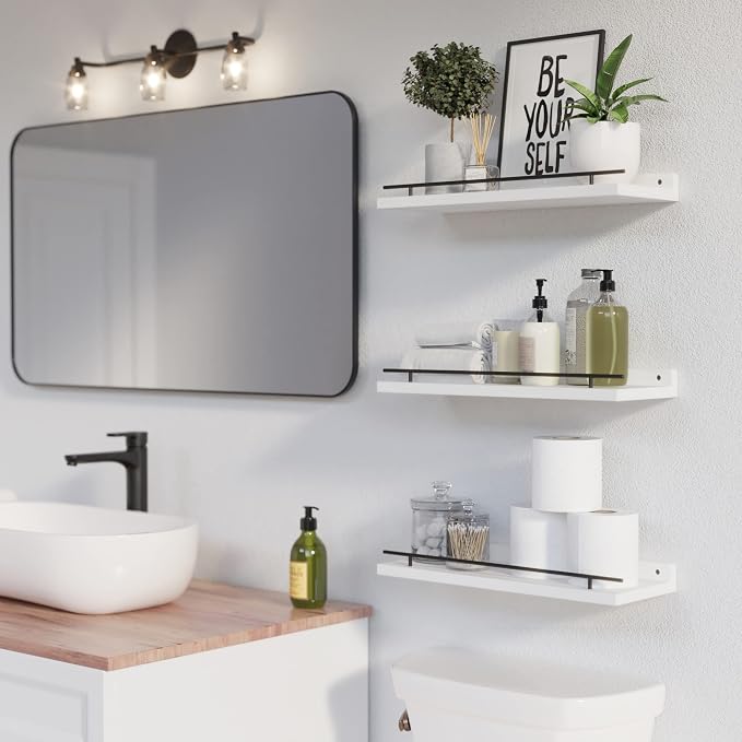 WOPITUES Floating Shelves with Black Metal Guardrail, Shelves - Image 2