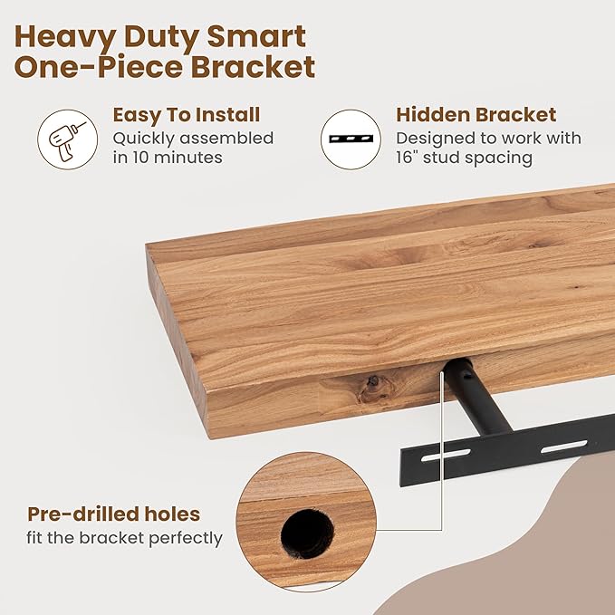 Floating Shelves for Wall Decor, Rustic Solid Elm Wood Live Edge Floating - Image 6