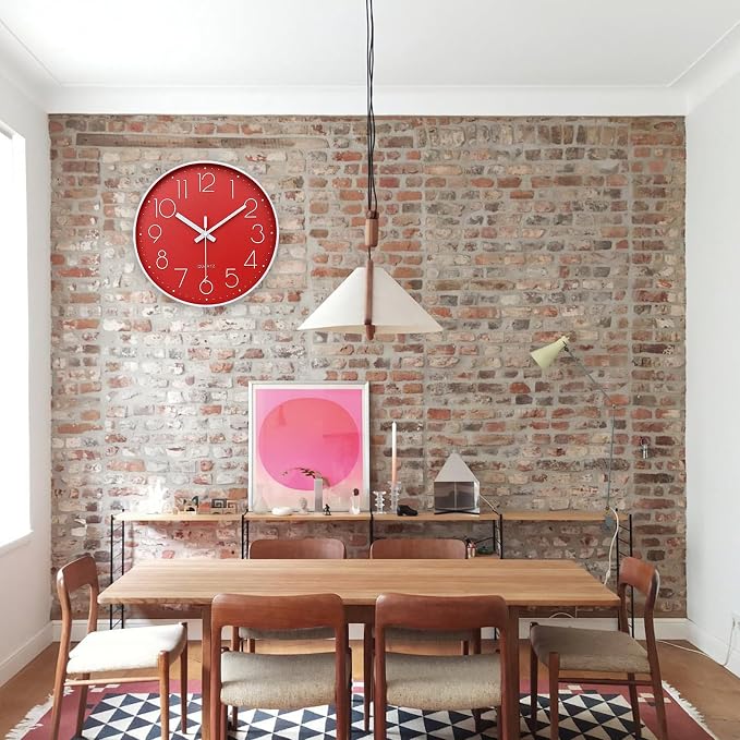 Red Wall Clock 12 Inch Silent Non-Ticking Modern Quartz Wall Clocks Battery - Image 3