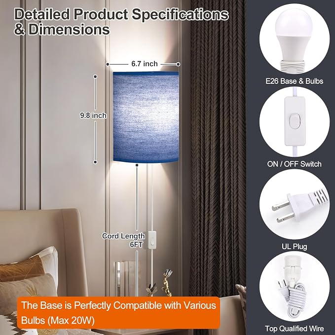 Plug in Wall Sconces Set of Two: Wall Lights - Image 4