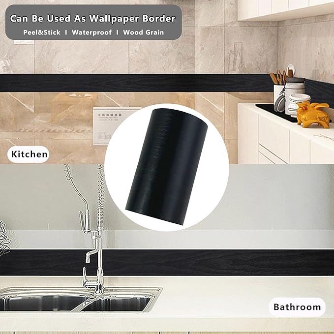 DESOMINOR 32FT Black Border Peel &Stick Black Wood Grain Wallpaper Border - Image 5