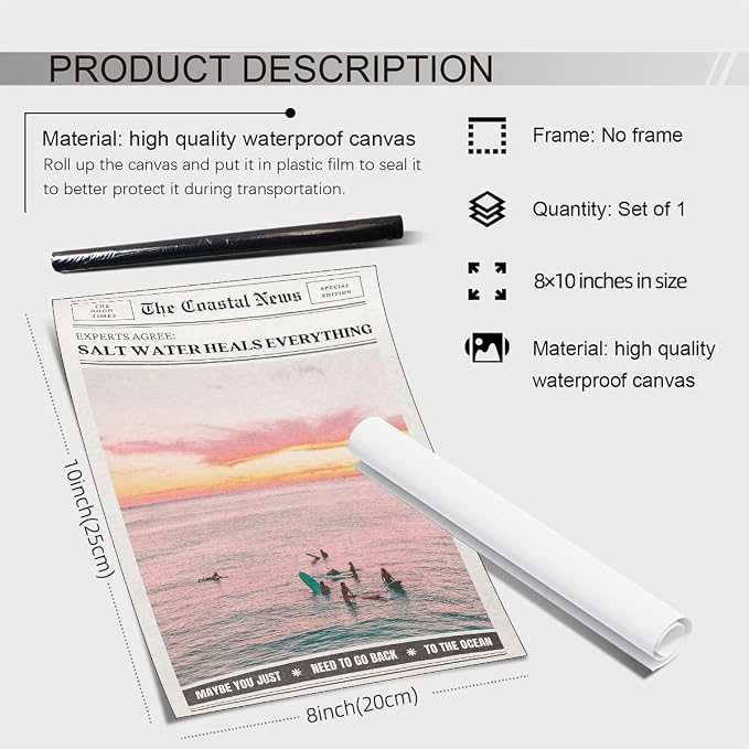 Pink Beach Newspaper Posters Vintage Fashion Coastal Girl Surf Wall Art Grainy - Image 2