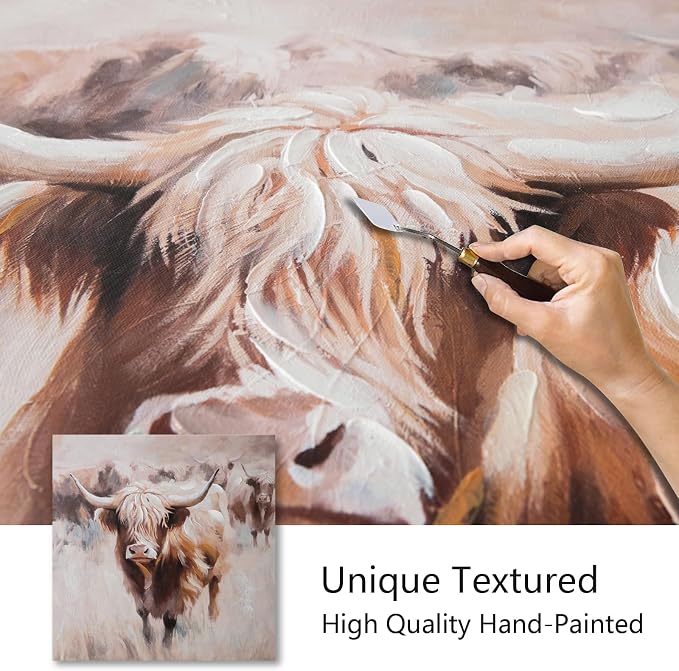 JolyWell Textured Highland Cow Canvas Wall Art Hand painted Farm Animals - Image 2