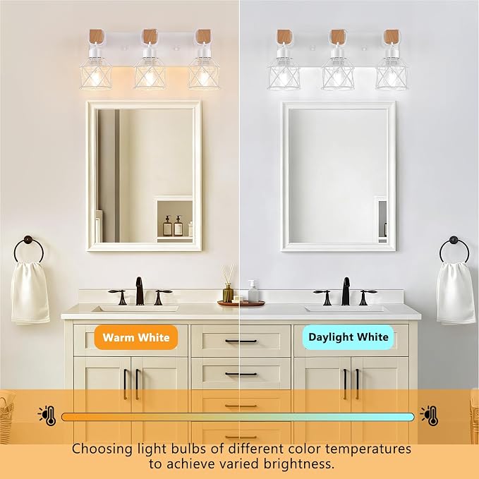 FadimiKoo 3-Light Farmhouse White Bathroom Vanity Light Fixtures, Rustic Wood - Image 4