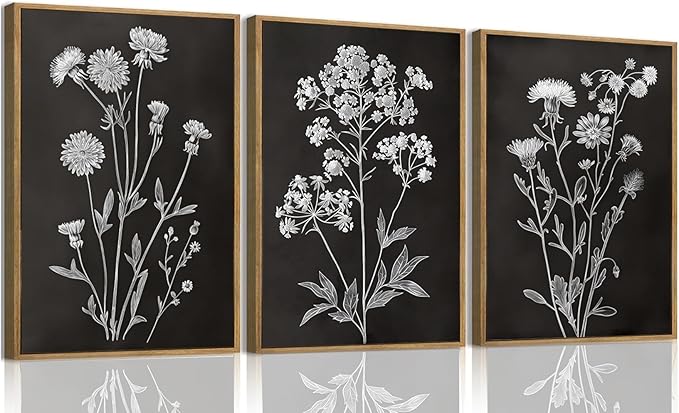 KISSFOX Framed Floral Botanical Canvas Wall Art Vintage Black Background Plant by KISSFOX