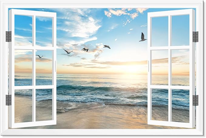 Goldfoilart Ocean Beach Sunset Window Canvas Wall Art by Goldfoilart