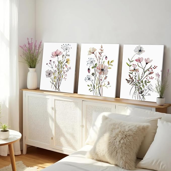 WRFON UnFramed Botanical Canvas Wall Art Set of 3, Watercolor Floral Prints - Image 3