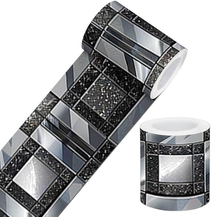 IVN Wallpaper Border Peel and Stick Wall Black and Silver Mosaic Decorative by IVN