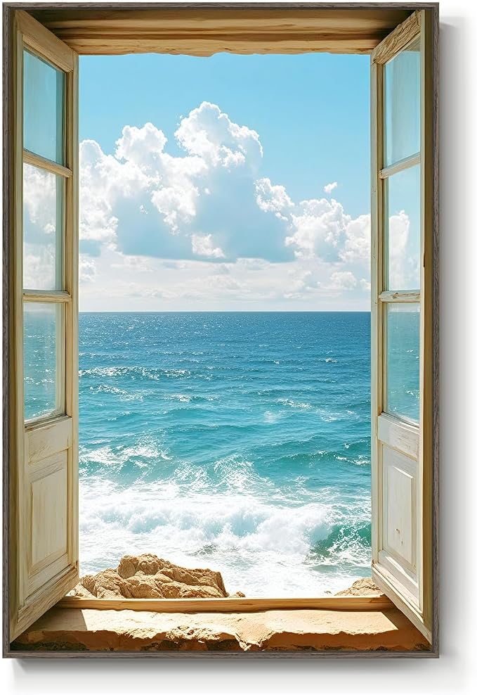 Framed Window Beach Scene Wall Art, Summer Seascape Wave Artworks by MXART