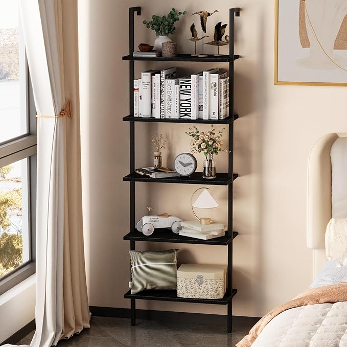 aboxoo Ladder Shelf 2PCS Open Bookshelf 5-Tier Wood Wall-Mounted Black Bookcase - Image 2