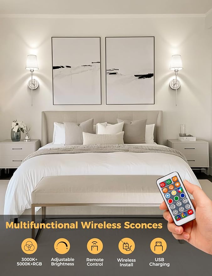 DORESshop Battery Operated Wall Sconce Set of 2, Wireless Wall Light Easy to - Image 5