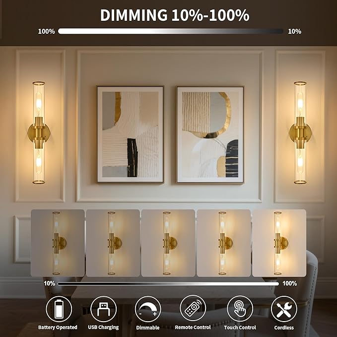 Wireless Wall Sconces with Remote Control, Battery Operated Wall Sconce Set of - Image 2