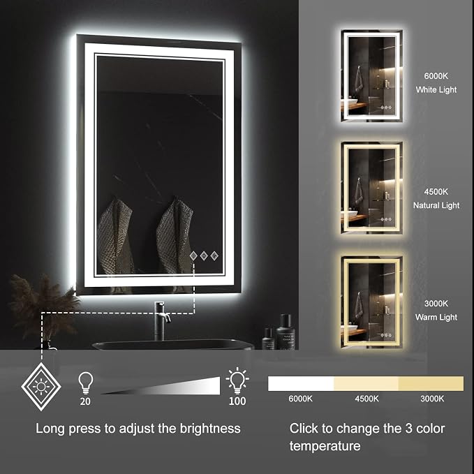 LED Mirror for Bathroom, 24x36 Inch Gradient Front and Backlight LED Bathroom - Image 5