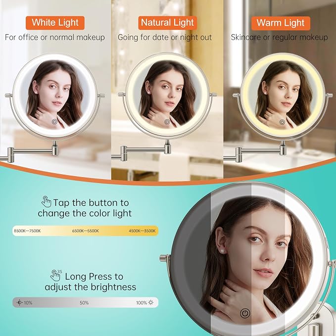 5000mAh Rechargeable Wall Mounted Lighted Makeup Vanity Mirror, Double Sided 1X - Image 3