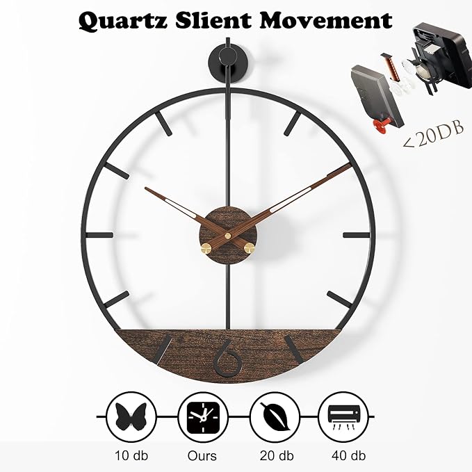 Modern Wood Walnut Dial Wall Clock, Large Simple Wall Decor Metal Frame Silent - Image 4