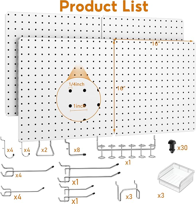 Peg Board, Total 32” x 32”, 4 Pack White Peg Board Panels, 50lbs Load Capacity - Image 2