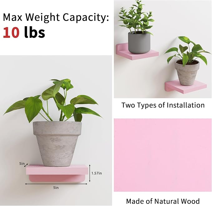 Fixwal Pink Shelves, 5x5 Inches Small Wall Shelf Set of 4, Rustic Wood Floating - Image 4