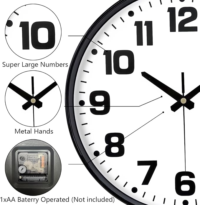 Modern Silent Wall Clock, 12 Inch Non-Ticking Battery Operated Clock, Round - Image 6
