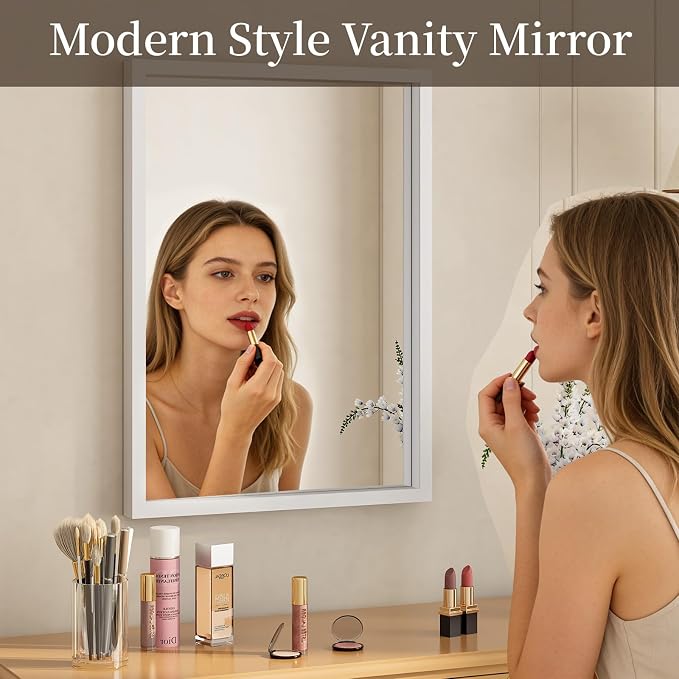 Syndra White Wood Frame Bathroom Mirror, Waterproof Slim Deep Frame, - Image 4