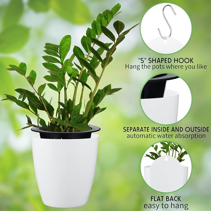 Yungyan 10 Sets 5" Self Watering Hanging Planter White Lazy Flower Pots Plastic - Image 4