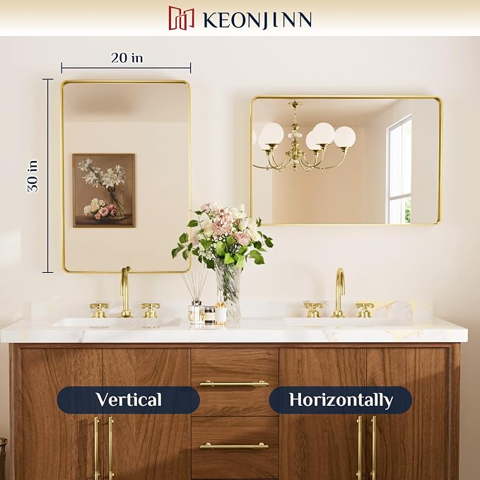 Keonjinn Gold Bathroom Mirrors for Wall 20 x 30 Inch Rounded Rectangle Gold - Image 8