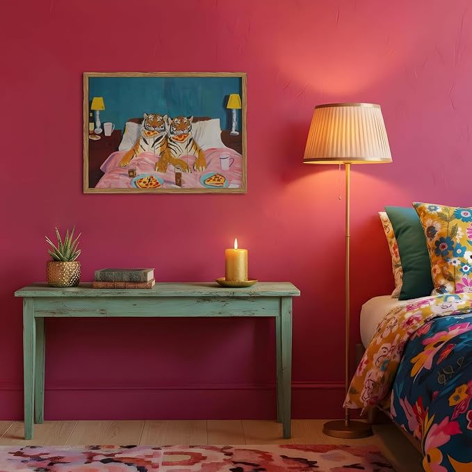 Framed Funny Tiger Wall Art, Eclectic Tigers Eating Pizza in Bed Pictures Wall - Image 6