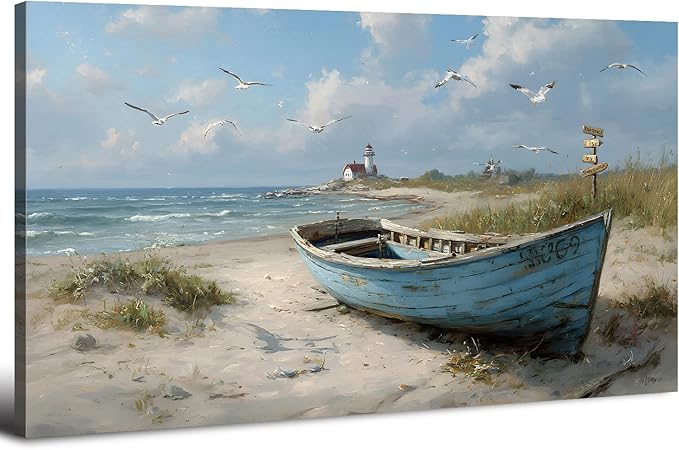 Beach Wall Art Coastal Wall Decor Nautical Ocean Canvas Picture Nature Boat by HOME