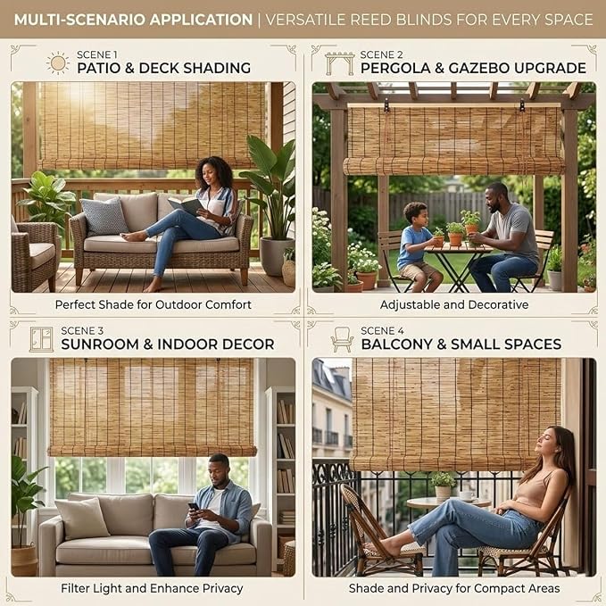 Bamboo Blinds Outdoor Patio, Natural Retro Reed Roll Up Shades - Image 5