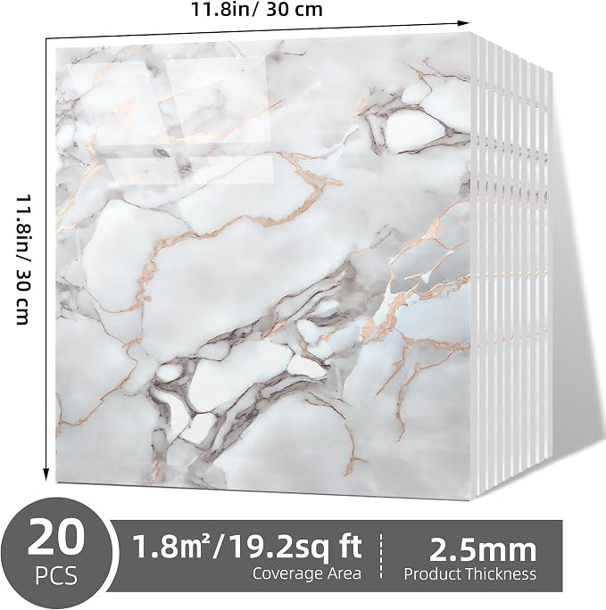 Vieshful 20pcs Peel and Stick Backsplash Tile，12"x12" Self Adhesive Marble Tile - Image 3