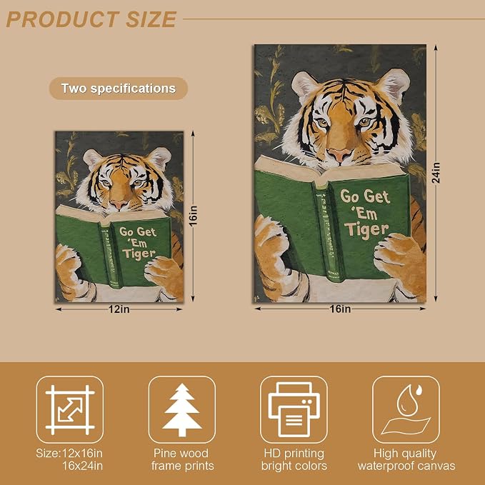 ALMLZL Funny Tiger Reading Book Wall Art Motivational Animal Reading Canvas - Image 2