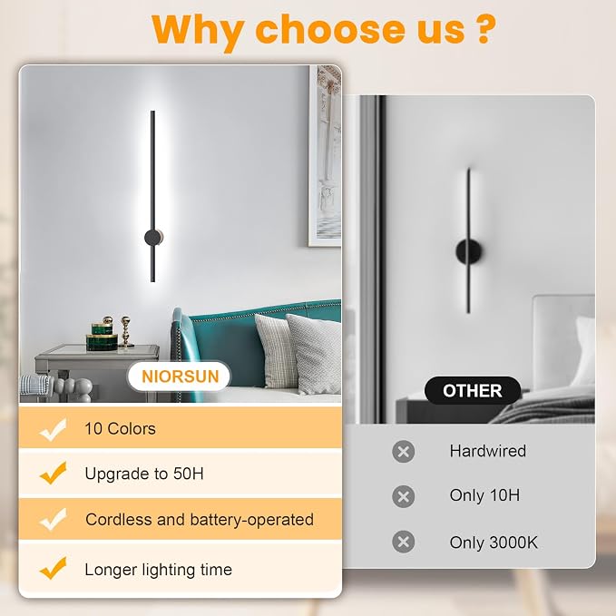 NIORSUN 24 Inch Battery Operated Wall Sconce Set of 2, 10 Colors Dimmable - Image 8