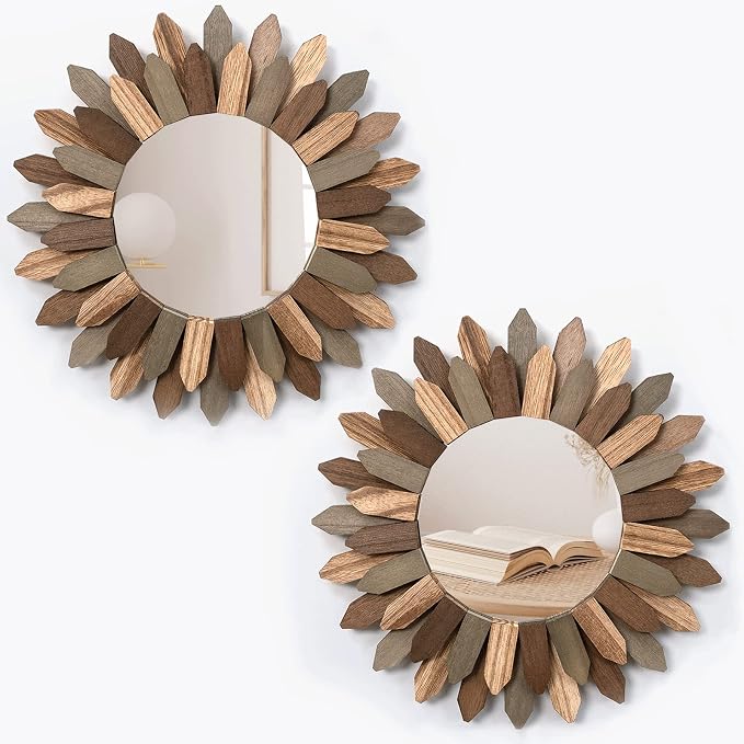 Honiway Boho Wall Decor Mirror 2 Pack 12 inch Rustic Wood Decorative Mirror by Honiway