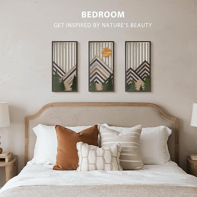 VIYYIEA Boho Solid Wood Carved Wall Art Set of 3, Geometric Minimalist Wooden - Image 5