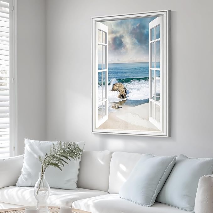 Framed Window Beach Scene Wall Art, Nature Blue Coastal Seascape Vertical - Image 3