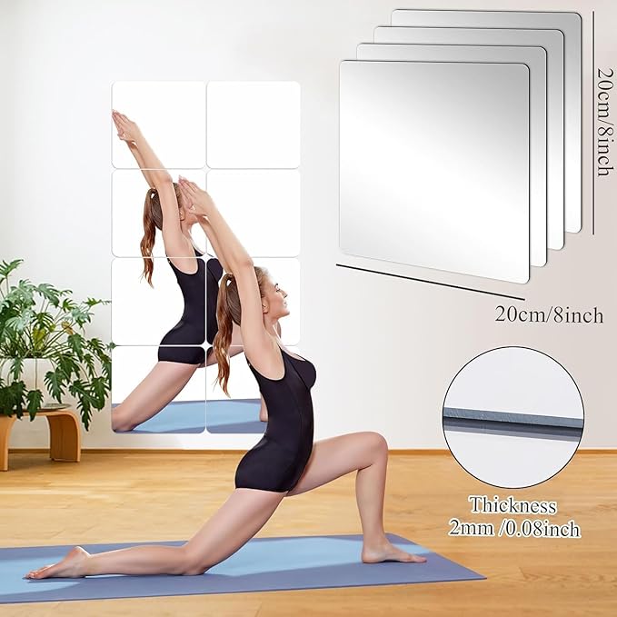 JUNEBRUSHS 8 Pack Self Adhesive Acrylic Mirror, 8 x 8 Inch Tiles, Flexible - Image 2