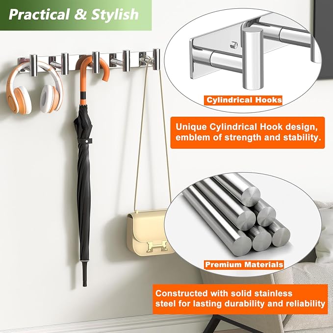 Wall Mounted Coat Rack-5 Hooks, Heavy Duty Stainless Steel Wall Hooks - Image 3