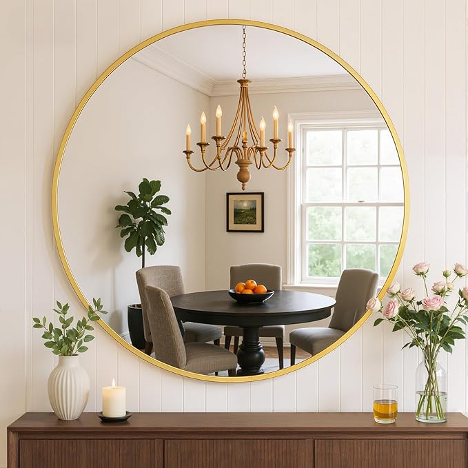 Bathroom Mirror for Wall, 30 Inch Round Mirror, Matte Gold Metal Framed Circle by Atilioo