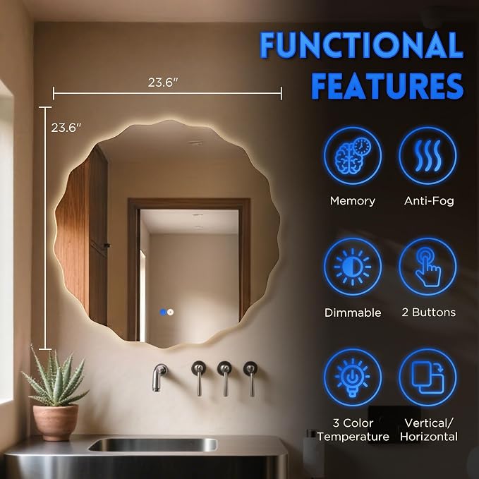 Dorlicecass Round Led Bathroom Mirror- 24" Wavy Vanity Mirror - Image 4