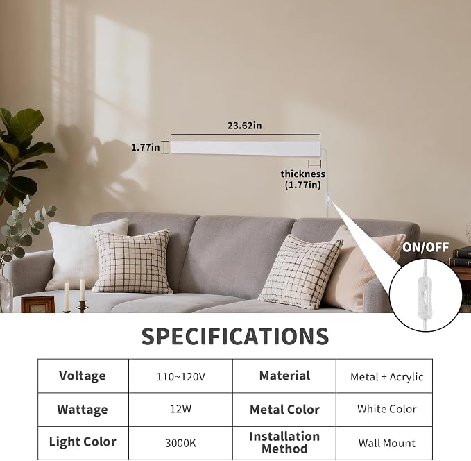 KELUOLY Modern Plug in Wall Sconces, 23.6 inch Frosted White LED Long Wall - Image 3
