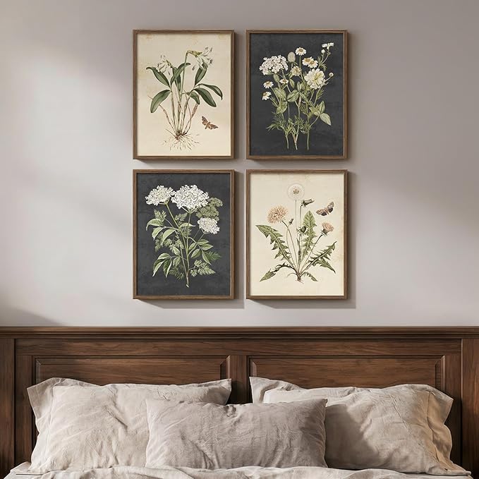Framed Vintage Botanical Wall Art Bedroom, 4 Piece Rustic Farmhouse Floral by Cuspin