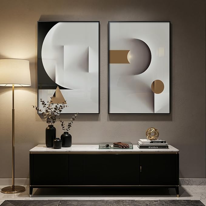 Large Framed Modern Elegant Abstract Wall Art, 2 Piece Black White Gold - Image 4