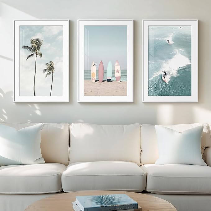 Framed Coastal Wall Art for Living Room, 3 Piece Beach Surfboard Palm Tree by Cuspin